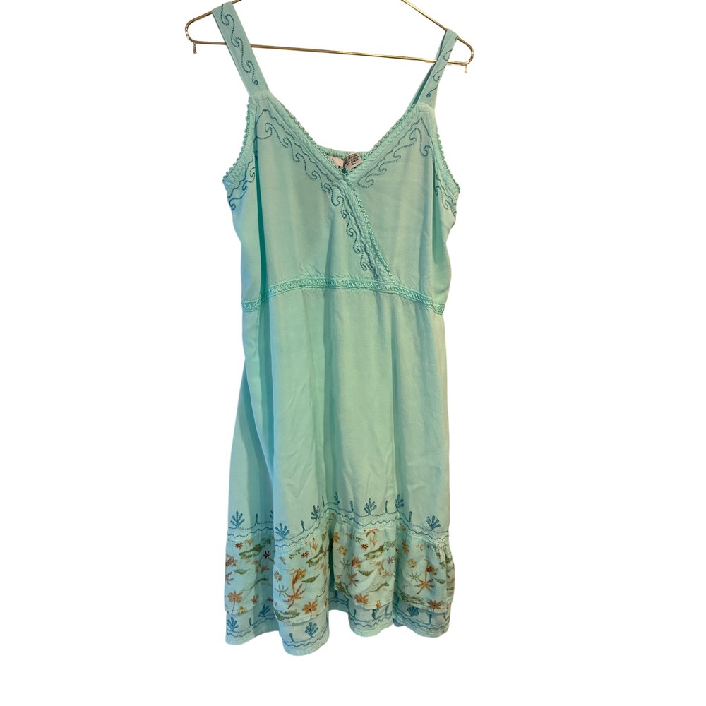 Raya Sun Aqua Blue Embroidered V-Neck Midi Dress with Smocked Back XL